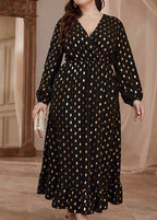 Elegant Pink V Neck Print Elastic Waist Vacation Chiffon Maxi Dresses Long Sleeve