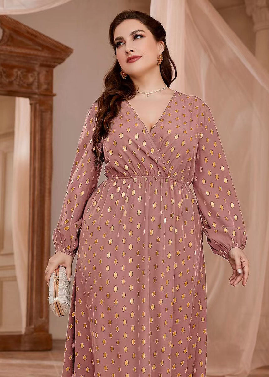 Elegant Pink V Neck Print Elastic Waist Vacation Chiffon Maxi Dresses Long Sleeve