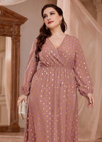 Elegant Pink V Neck Print Elastic Waist Vacation Chiffon Maxi Dresses Long Sleeve