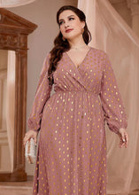 Load image into Gallery viewer, Elegant Pink V Neck Print Elastic Waist Vacation Chiffon Maxi Dresses Long Sleeve