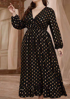 Elegant Pink V Neck Print Elastic Waist Vacation Chiffon Maxi Dresses Long Sleeve