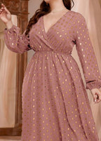 Elegant Pink V Neck Print Elastic Waist Vacation Chiffon Maxi Dresses Long Sleeve
