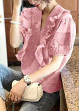 Load image into Gallery viewer, Elegant Pink V Neck Ruffled Top Short Sleeve