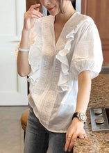 Load image into Gallery viewer, Elegant Pink V Neck Ruffled Top Short Sleeve