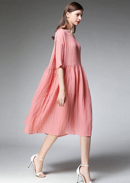 Elegant Pink Wrinkled Pockets Summer Dress Half Sleeve