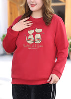 Elegant Red O-Neck Print Sweatshirt Fall