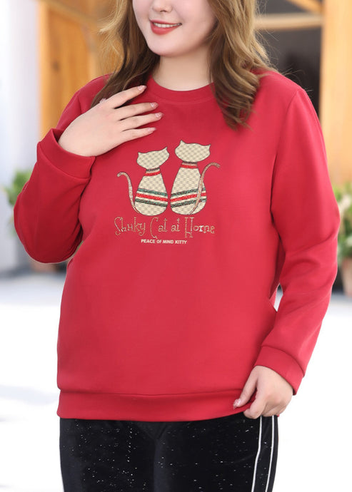 Elegant Red O-Neck Print Sweatshirt Fall