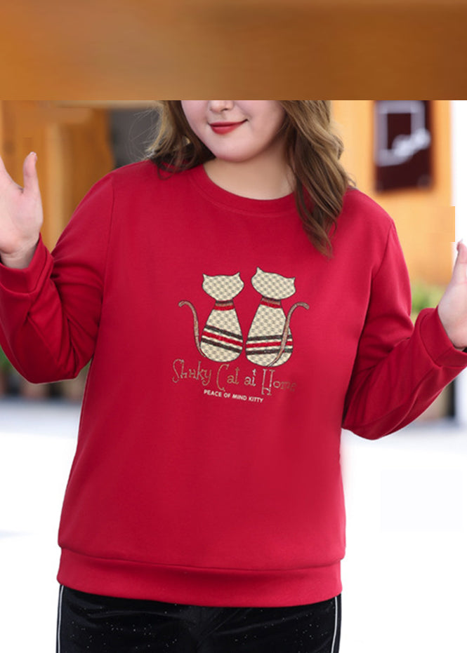 Elegant Red O-Neck Print Sweatshirt Fall