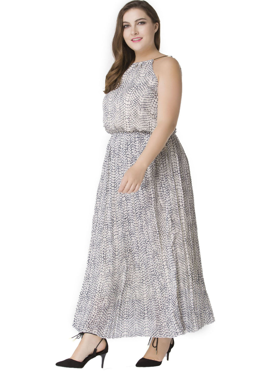 Elegant Slash Neck Wrinkled Patchwork Chiffon Maxi Dress Sleeveless