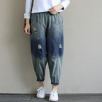 Elegant Spring Casual Pants Stylish Denim Dark Blue Shape Elastic Waist Hole Wild Pants