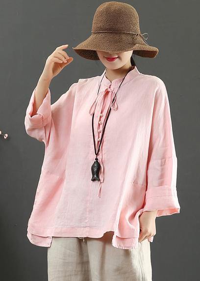 Elegant Stand Collar Pockets Spring Blouse Wardrobes Pink Blouse