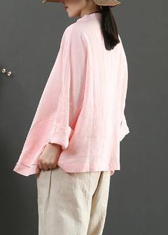 Elegant Stand Collar Pockets Spring Blouse Wardrobes Pink Blouse