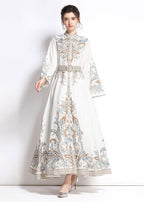 Elegant White Embroideried Patchwork Cotton Exra Large Hem Long Dresses Flare Sleeve