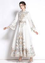 Elegant White Embroideried Patchwork Cotton Exra Large Hem Long Dresses Flare Sleeve