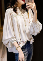 Elegant White 2022 Embroideried Chiffon Blouse Tops Long Sleeve