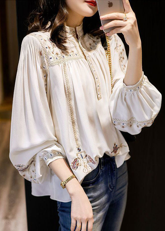 Elegant White 2022 Embroideried Chiffon Blouse Tops Long Sleeve