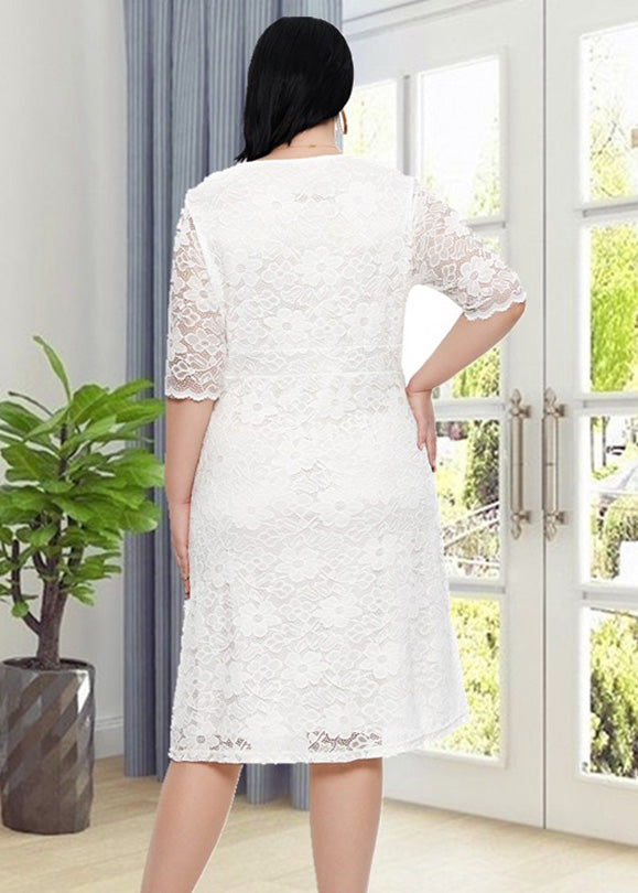 Elegant White V Neck Patchwork Lace Mid Dresses Short Sleeve