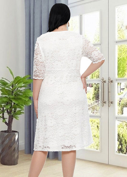Elegant White V Neck Patchwork Lace Mid Dresses Short Sleeve