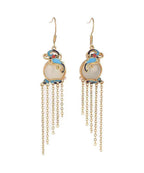 Elegant Yellow Jade Cloisonne Gem Stone Butterfly Tassel Drop Earrings