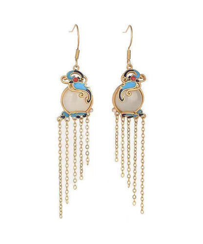 Elegant Yellow Jade Cloisonne Gem Stone Butterfly Tassel Drop Earrings