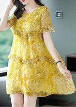 Load image into Gallery viewer, Elegant Yellow O-Neck Patchwork Ruffles Print Chiffon Holiday Dress Summer