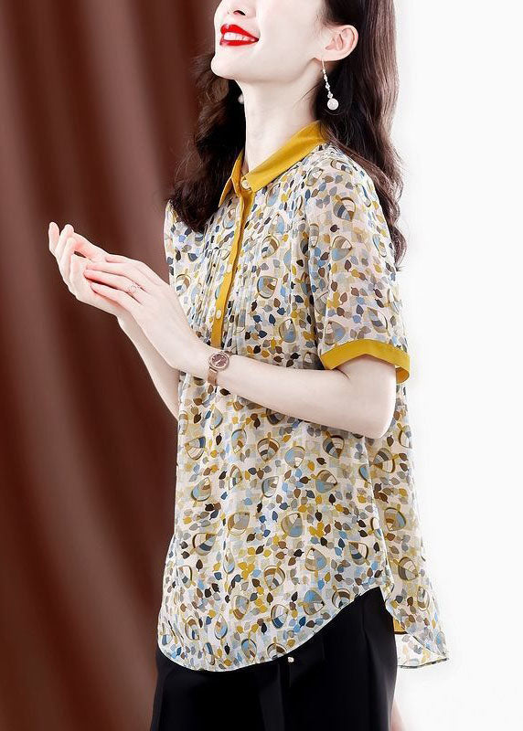 Elegant Yellow Peter Pan Collar Print Wrinkled Chiffon Blouses Summer