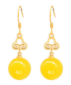 Elegant Yellow Silver Inlaid Beeswax Ball Drop Earrings
