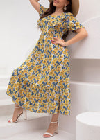 Elegant Yellow Square Collar Print Party Chiffon Maxi Dress Summer
