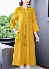 Load image into Gallery viewer, Elegant Yellow Stand Collar Tassel Button Silk Long Dresses Long Sleeve