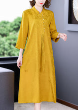 Load image into Gallery viewer, Elegant Yellow Stand Collar Tassel Button Silk Long Dresses Long Sleeve