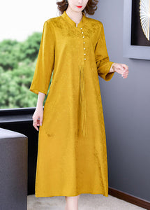 Elegant Yellow Stand Collar Tassel Button Silk Long Dresses Long Sleeve