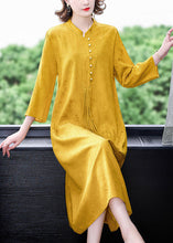 Load image into Gallery viewer, Elegant Yellow Stand Collar Tassel Button Silk Long Dresses Long Sleeve