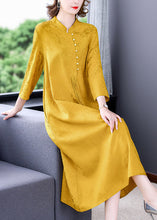 Load image into Gallery viewer, Elegant Yellow Stand Collar Tassel Button Silk Long Dresses Long Sleeve