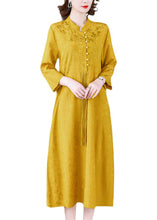 Load image into Gallery viewer, Elegant Yellow Stand Collar Tassel Button Silk Long Dresses Long Sleeve