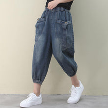Load image into Gallery viewer, Elegant dark denim blue trousers  summer pockets Cotton shorts