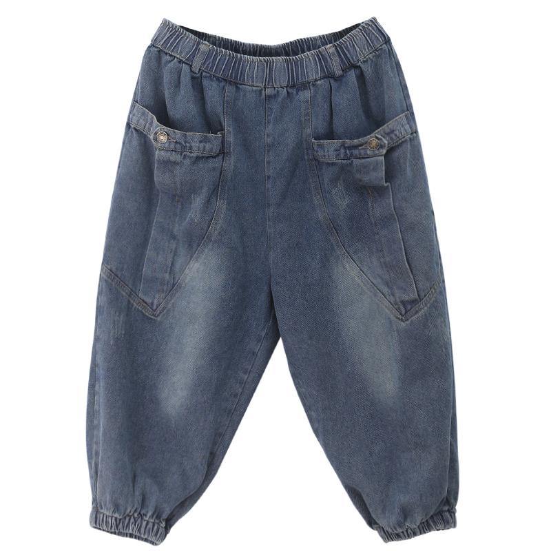 Elegant dark denim blue trousers  summer pockets Cotton shorts