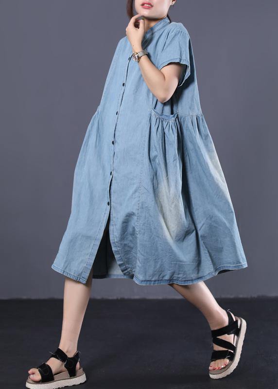 Elegant denim blue cotton clothes Women Cinched pockets long summer Dresses