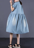 Elegant denim blue cotton clothes Women Cinched pockets long summer Dresses