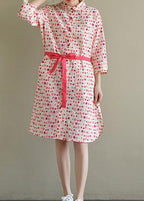 Elegant lapel pockets Cotton dress pink dotted Dress summer