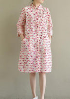 Elegant lapel pockets Cotton dress pink dotted Dress summer