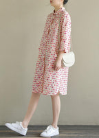 Elegant lapel pockets Cotton dress pink dotted Dress summer