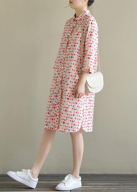 Elegant lapel pockets Cotton dress pink dotted Dress summer