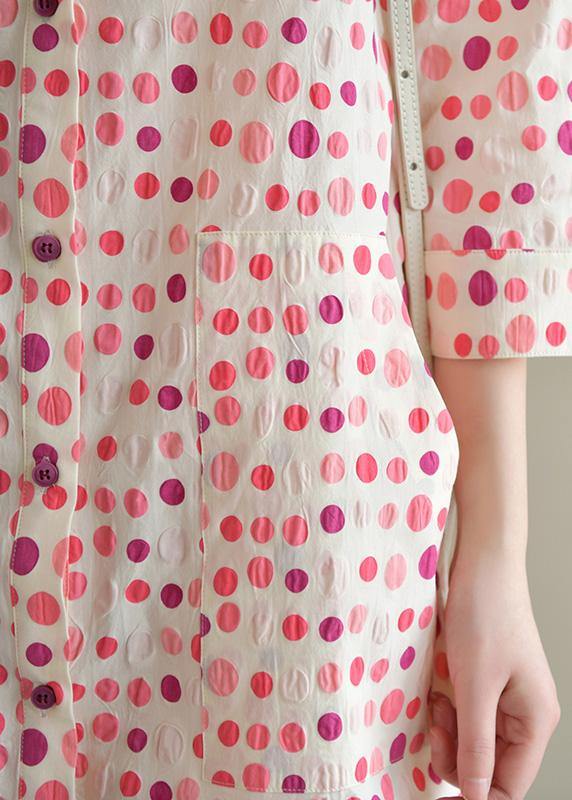 Elegant lapel pockets Cotton dress pink dotted Dress summer