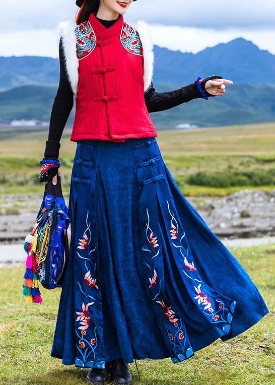 Elegant navy cotton quilting clothes Chinese Button loose embroidery skirts