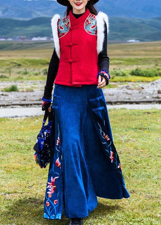 Elegant navy cotton quilting clothes Chinese Button loose embroidery skirts