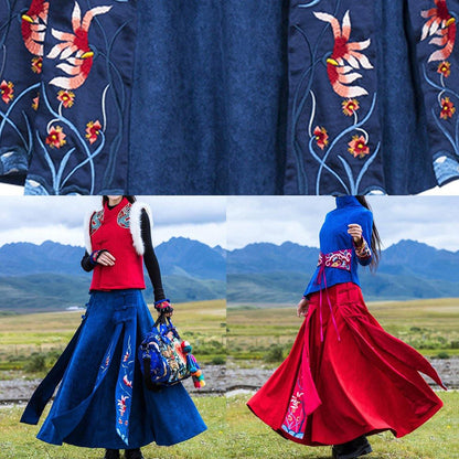 Elegant navy cotton quilting clothes Chinese Button loose embroidery skirts
