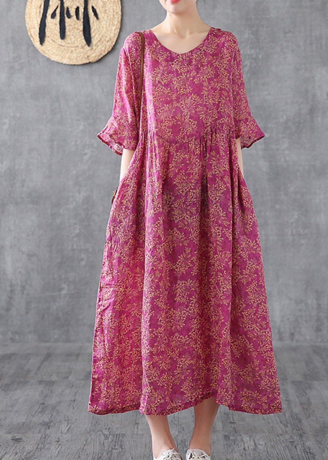 Elegant purple red print Chiffon dress o neck Petal Sleeve loose summer Dress