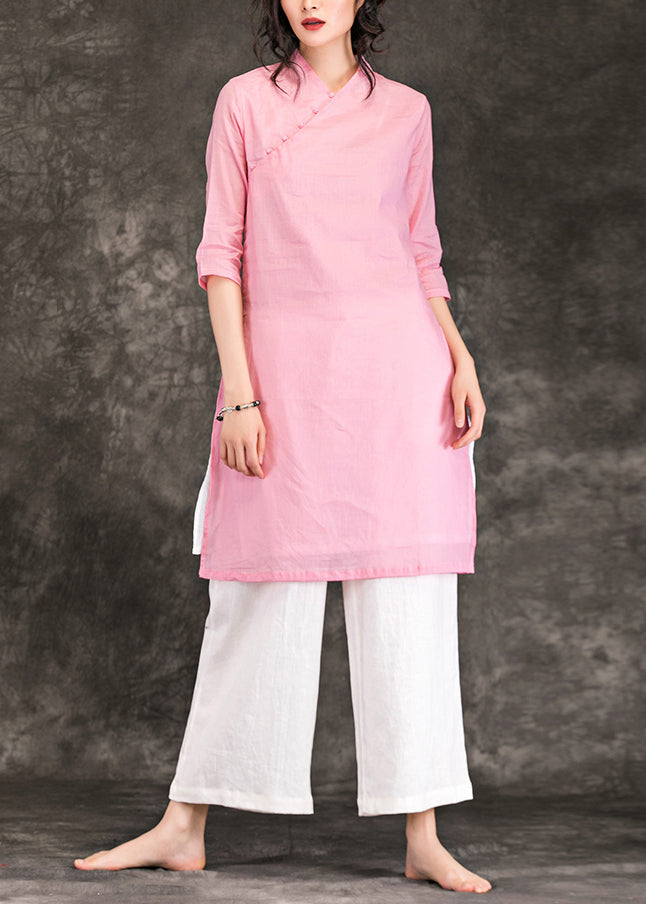 Elegant v neck Three Quarter sleeve linen dress Metropolitan Museum Neckline pink shift Dress Summer