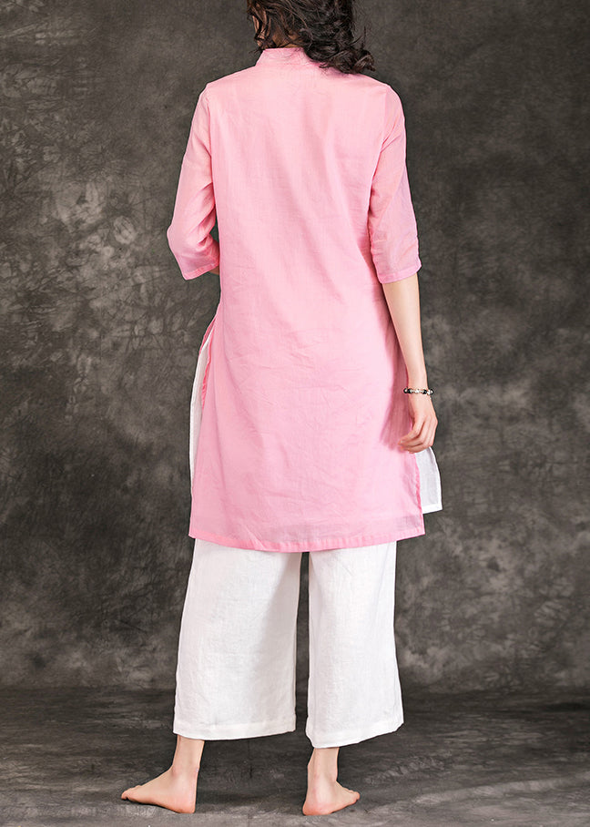 Elegant v neck Three Quarter sleeve linen dress Metropolitan Museum Neckline pink shift Dress Summer