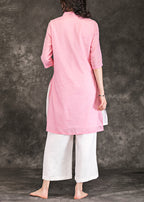 Elegant v neck Three Quarter sleeve linen dress Metropolitan Museum Neckline pink shift Dress Summer